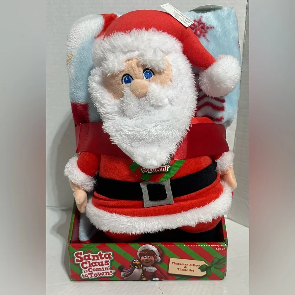 Santa Clause Is Coming To Town Santa Pillow Buddy & Santa Soft Plush Throw NEW